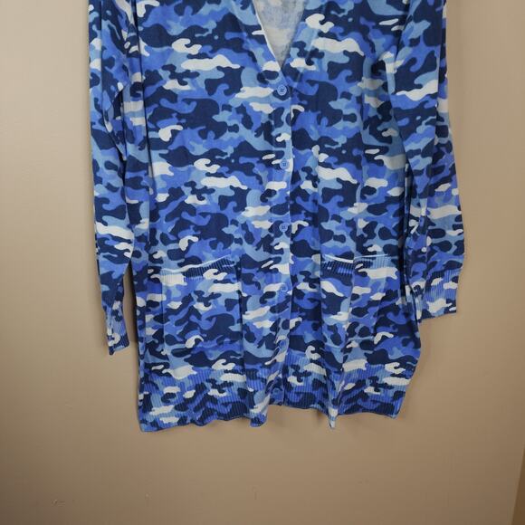Woman Within Longer-Length Cotton Cardigan Sweater in Blue Camo Size 14/16 - Picture 3 of 9